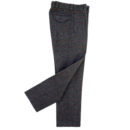 Traditional Wool Unlined Pants, Adirondack, gray with red & green pin stripes, belted loop waistband, button & zipper fly, two pockets front & back, side view