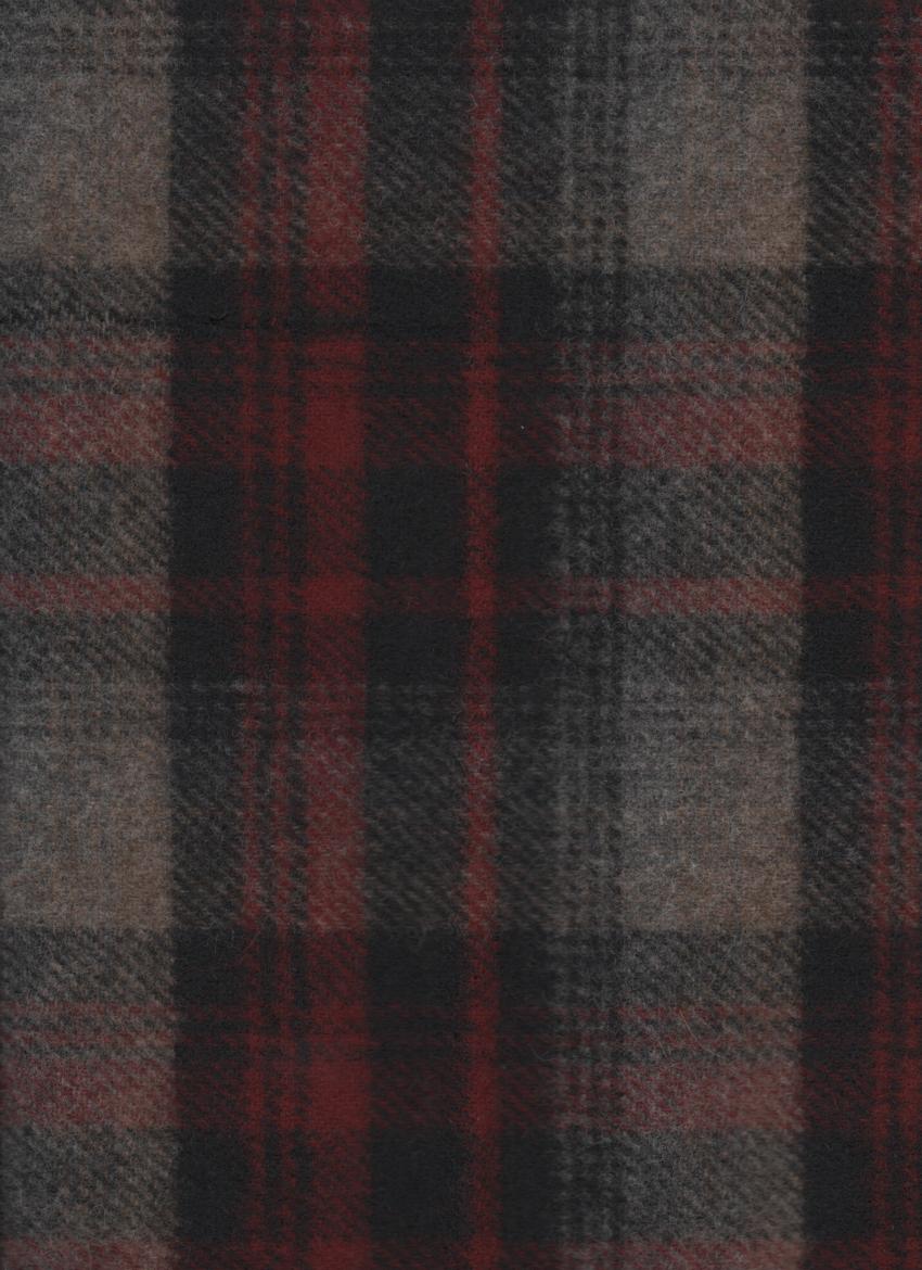 Wool fabric swatch maroon, black and beige muted plaid