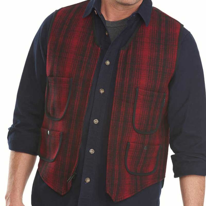 Vest, red & black stripes, front zipper & 4 pocket, front view with vest on model
