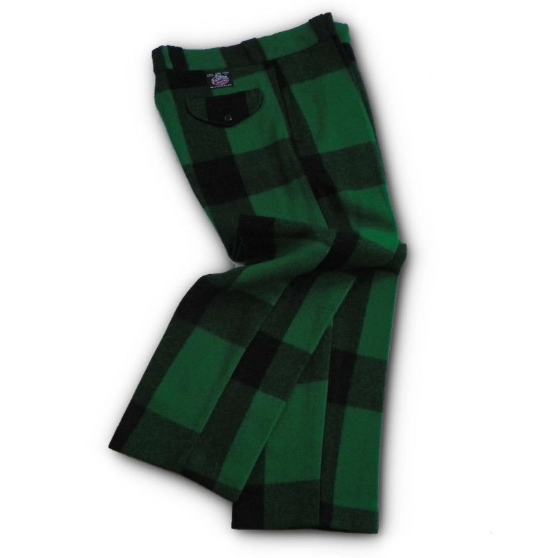 Traditional Wool unlined Pants, green & black large squares, belted loop, button & fly zipper, two front & back pockets, side view