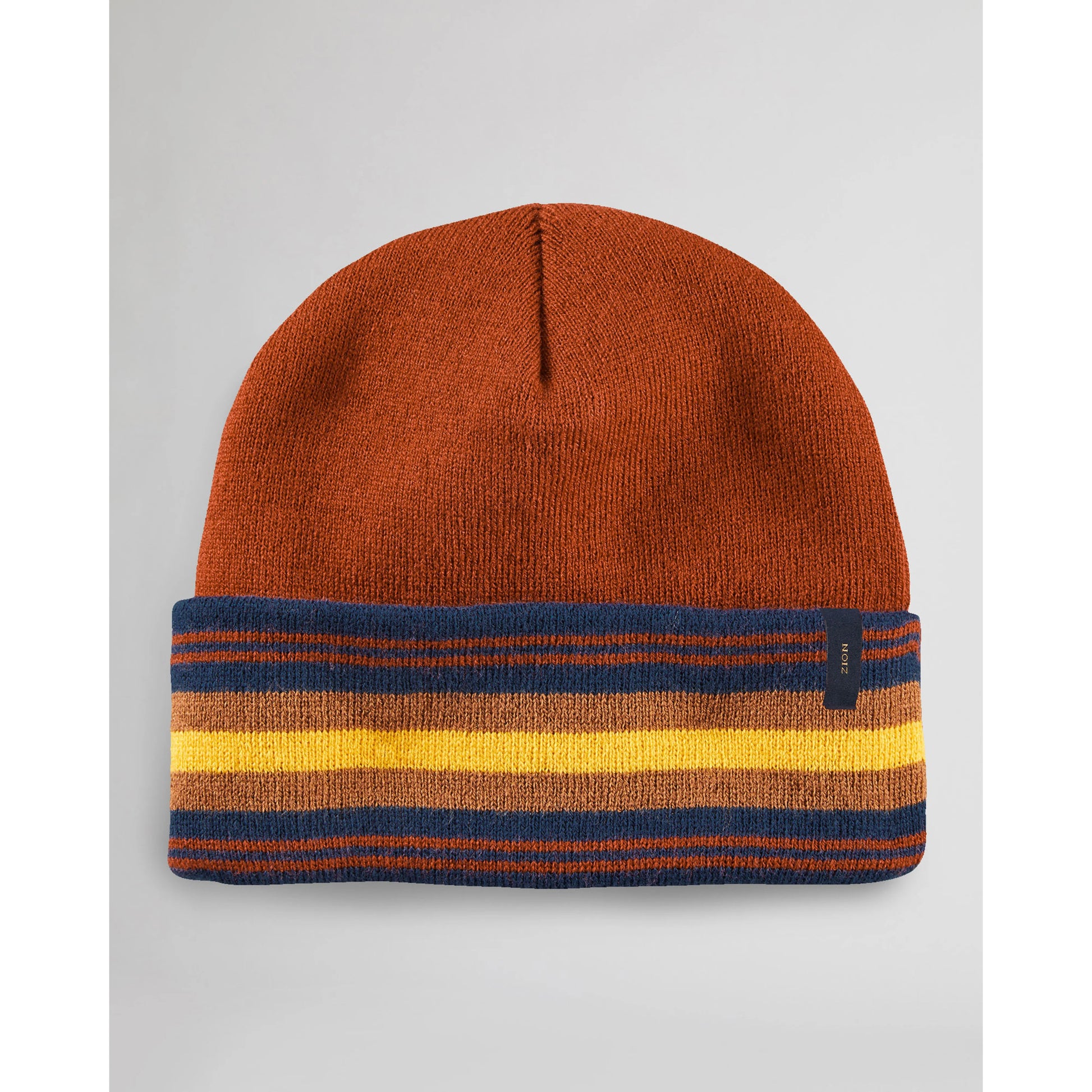 Beanie Hat, soft stretchy ribbed knit, rust with yellow/blue/rust stripes
