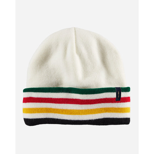 Beanie Hat, soft stretchy ribbed knit, white with red/yellow/black/white stripes