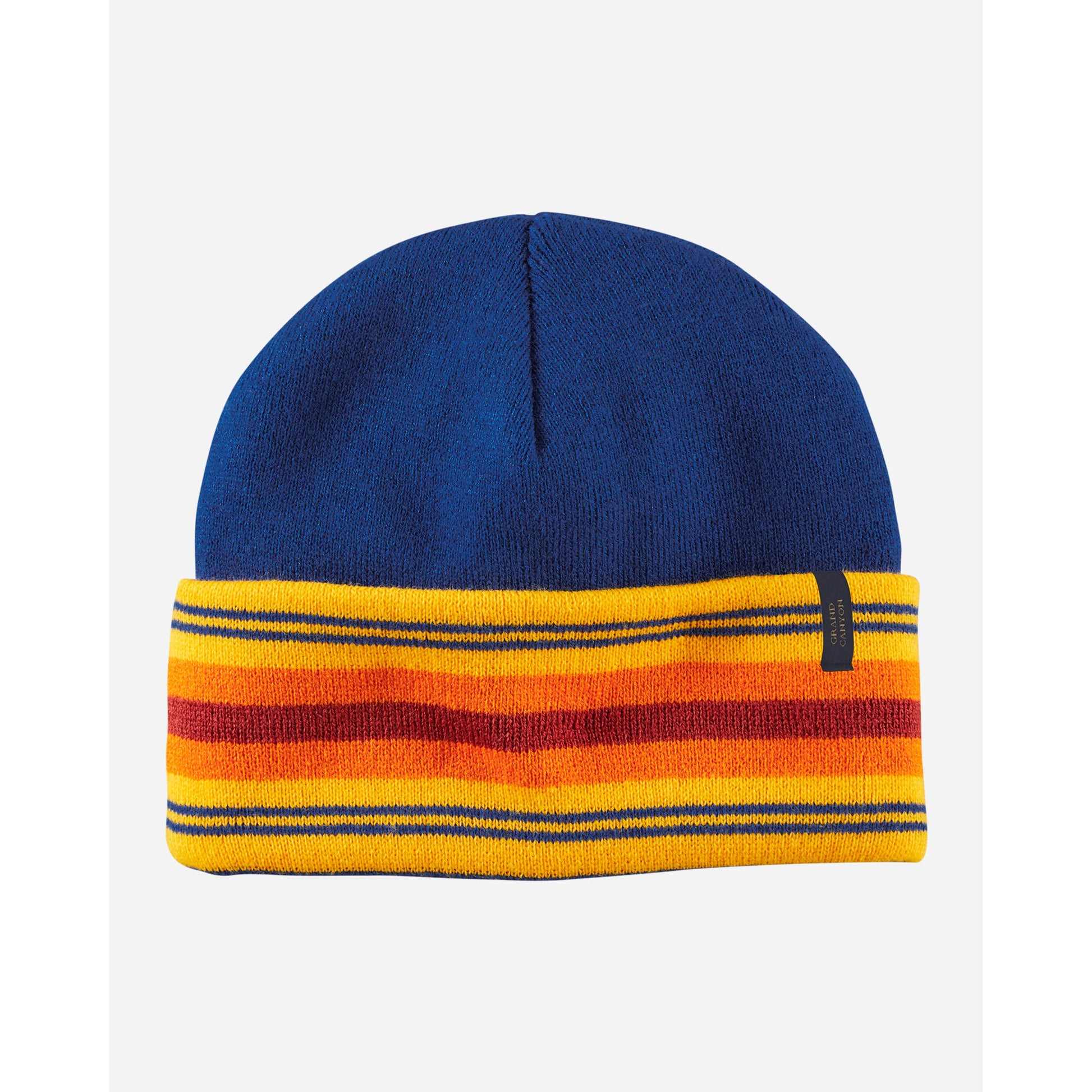 Beanie Hat, soft stretchy ribbed knit, blue with orange/yellow/blue/red stripes