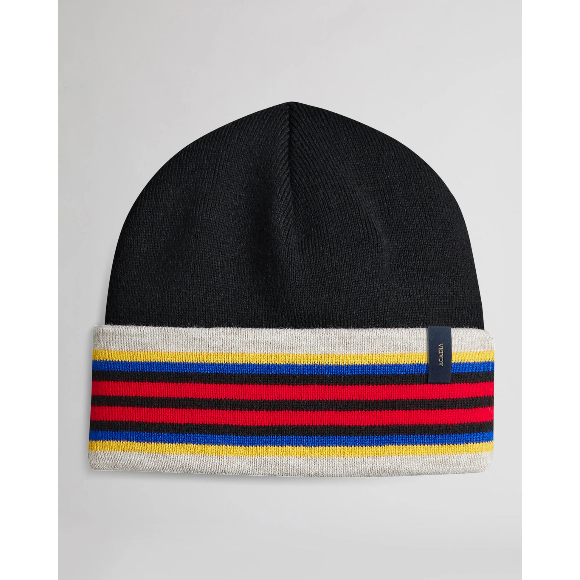 Beanie Hat, soft stretchy ribbed knit, black with red/blue/yellow/black/white stripes