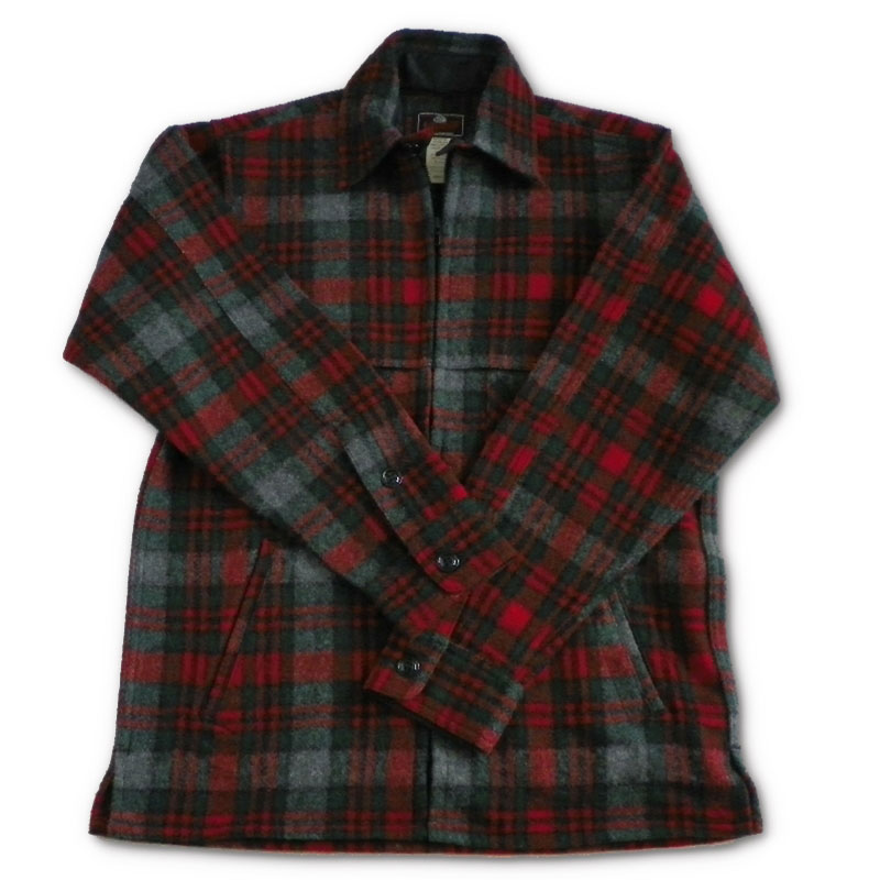 Mens Jac Shirt zipper front two chest pockets & two lower slash pockets, with cape over the shoulders, unlined, gray/red/green plaid