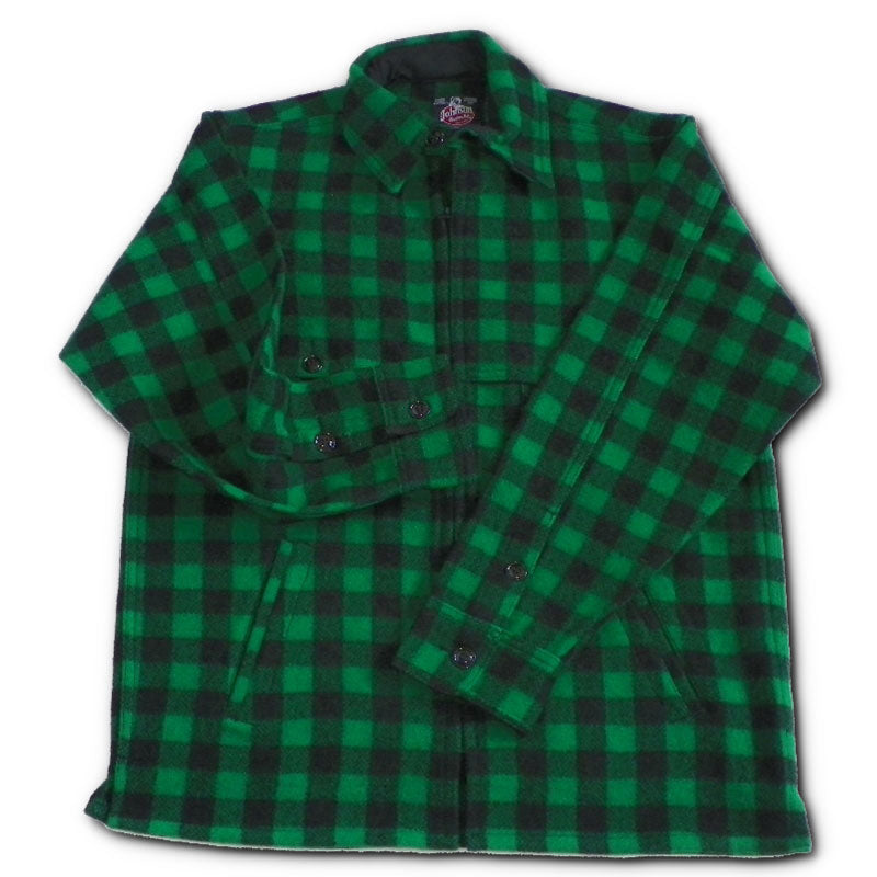 Mens Jac Shirt zipper front two chest pockets & two lower slash pockets, with cape over the shoulders, unlined, green & black 1 inch buffalo squares