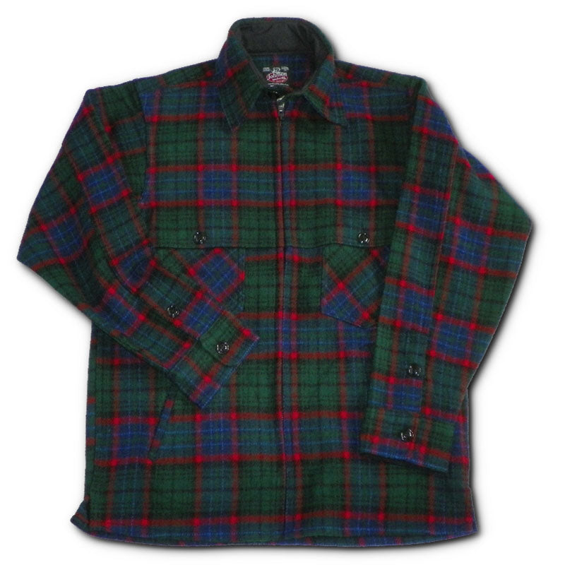 Wool Jac Shirt - Full zip, red, blue, and green plaid. Front view
