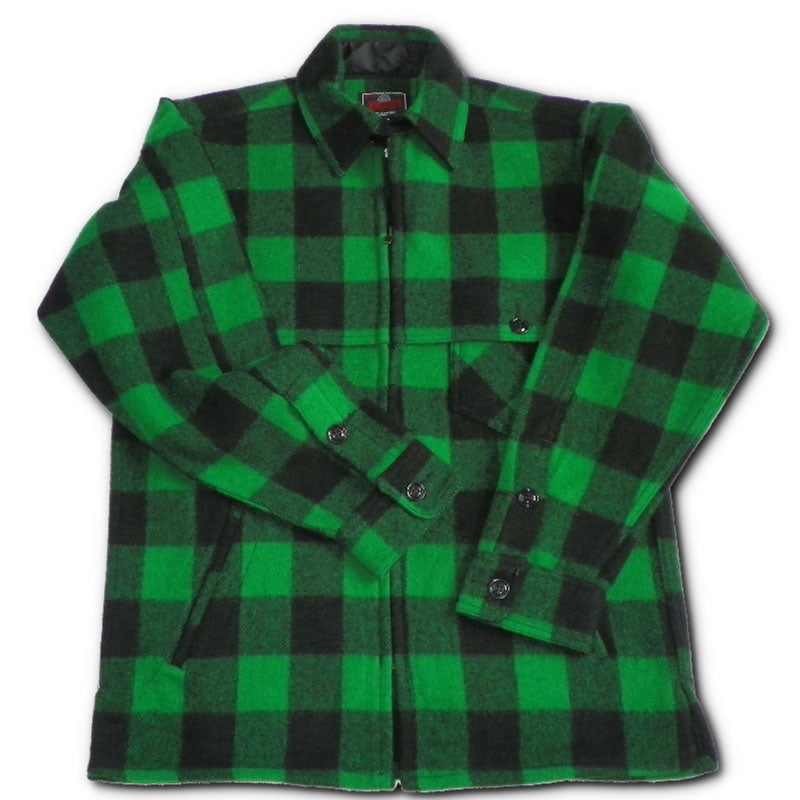 Mens Jac Shirt zipper front two chest pockets & two lower slash pockets, with cape over the shoulders, unlined, green & black 2 inch buffalo squares