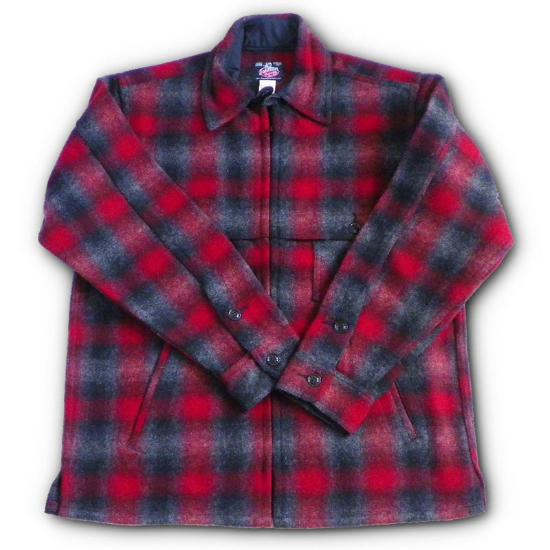 Wool Jac Shirt - Full zip, red, black and gray muted plaid. Front view