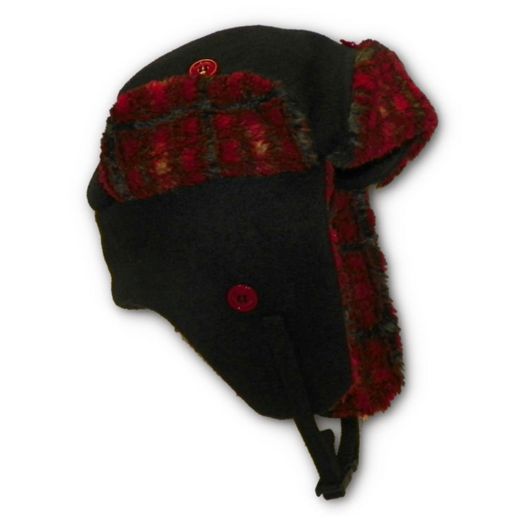 Black wool bomber style hat with red, white and gray plaid sherpa lining around rim and visor.  Side view 