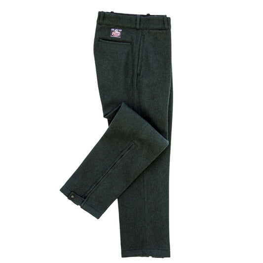 Wool pants microtherm lined, Spruce Green with 15 inch side zipper on each leg, side view