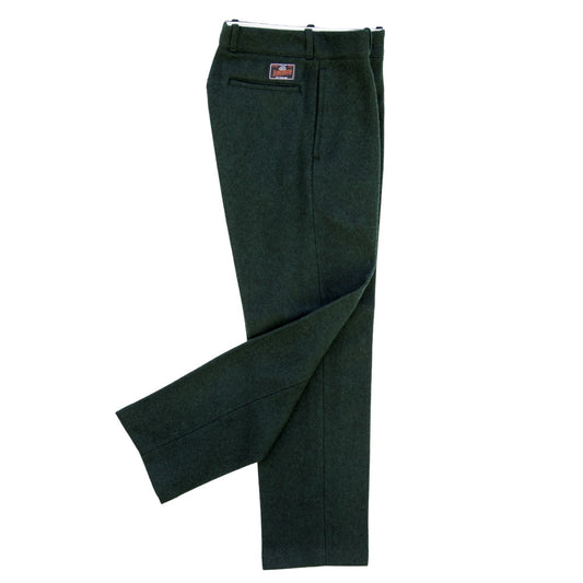 Traditional Wool Unlined Pants, Spruce Green, belted loop waistband, button & zipper fly, two pockets front & back, side view