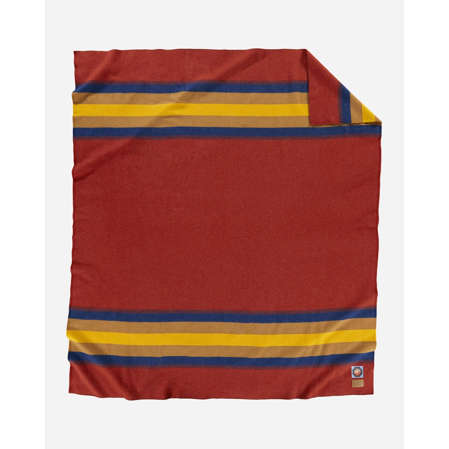 Pendleton Blanket, rust background with blue/yellow/brown stripes view