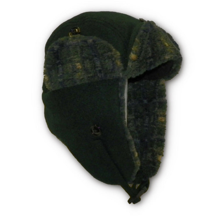 Spruce green wool bomber style hat with green yellow and black plaid sherpa fleece lining around rim and visor.  Side view 