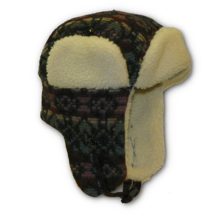Raspberry, cream and blue print wool bomber style hat with sherpa fleece lining around rim and visor.  Side view 
