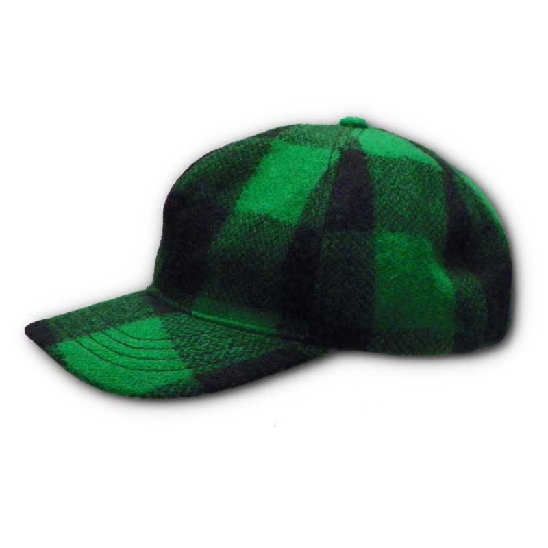 Wool baseball style cap, green and black check