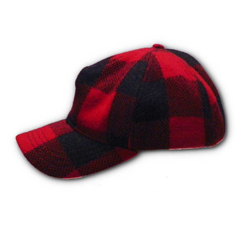 Wool baseball style cap, red and black check