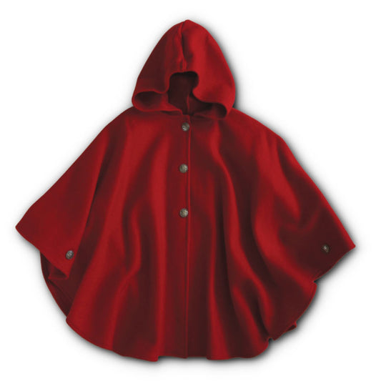  Wool cape with three Norwegian pewter buttons with matching button on sleeve, and a large hood.  Shown in Scarlett red.