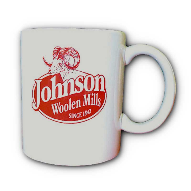 Johnson Woolen Mill Coffee Mug, white and red with a Ram symbol