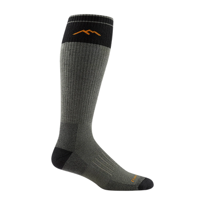 Darn tough over the calf forest light gray sock with orange mountain on top & black toe and heel
