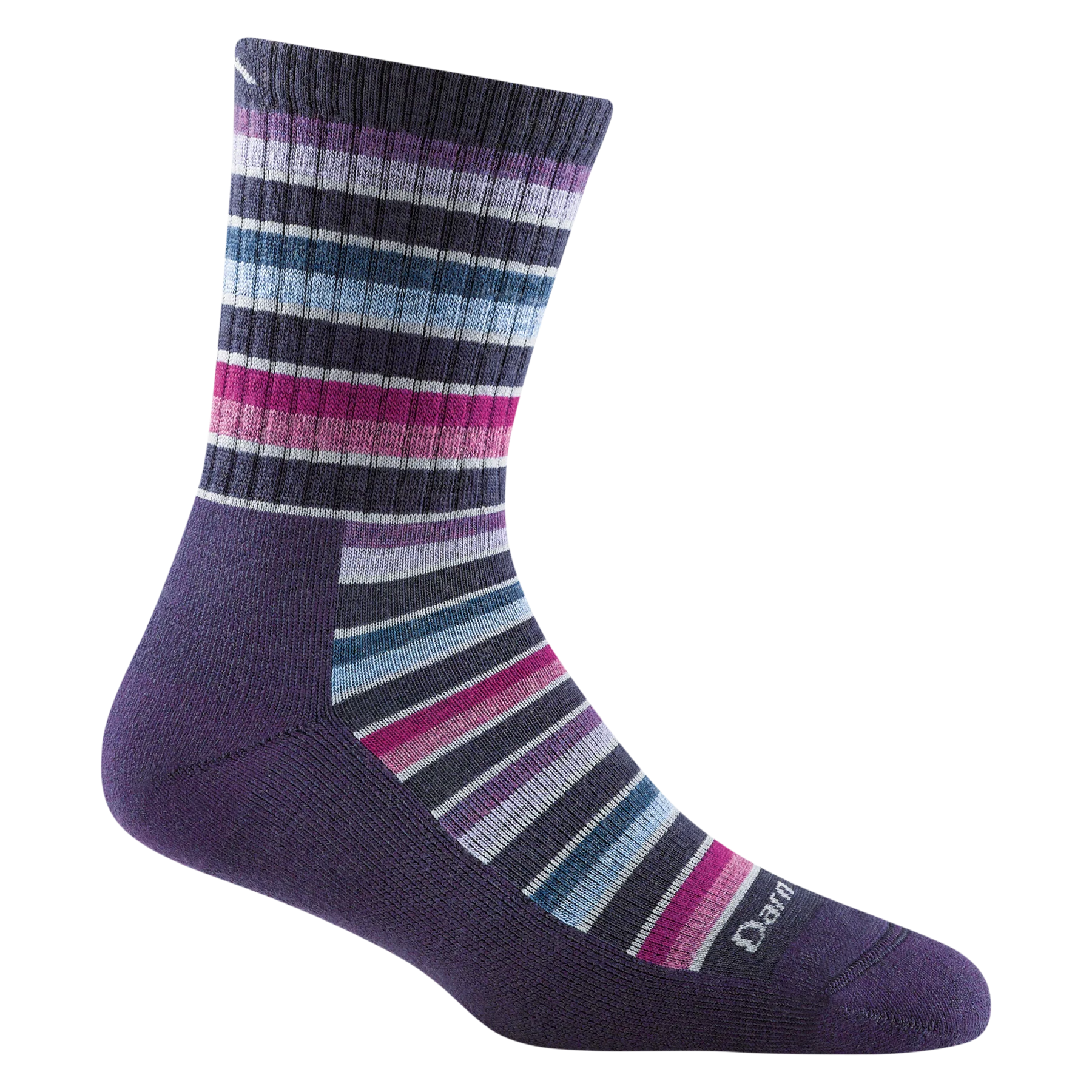 Darn tough blackberry sock with burgundy, blue, black stripes & burgundy toe and heel