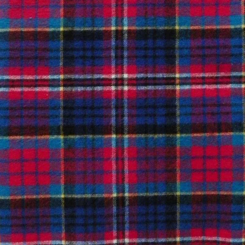 Green Mountain Flannel red, black, light and dark blue plaid with white and yellow pin stripes