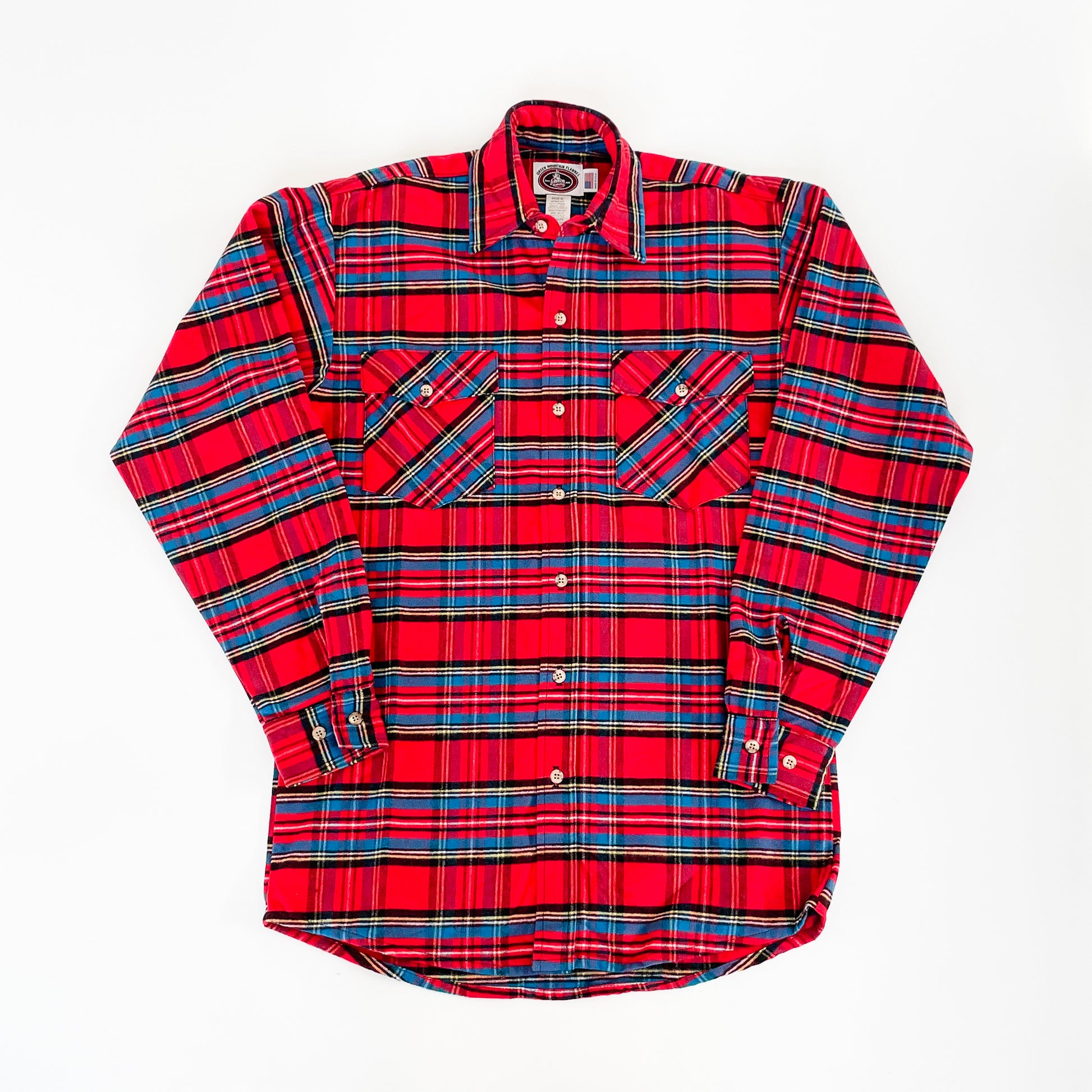 Green Mountain Flannel Men's Button long tail shirt, Red Stewart, red/pink/blue stripes front view