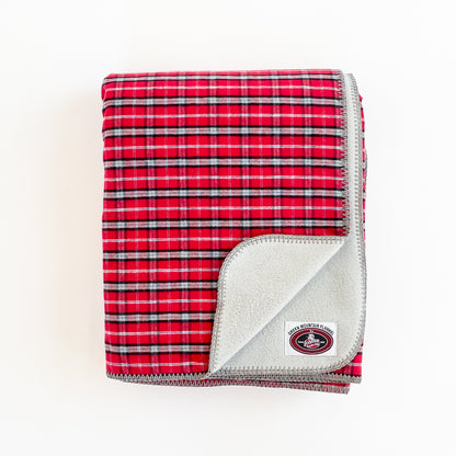 Green Mountain Flannel Throw Lumber Jack red/white stripes with fleece lining open corner view