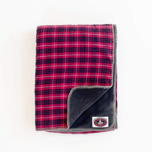 Red, black with white pinstripe plaid Flannel throw blanket shown with black fleece lining