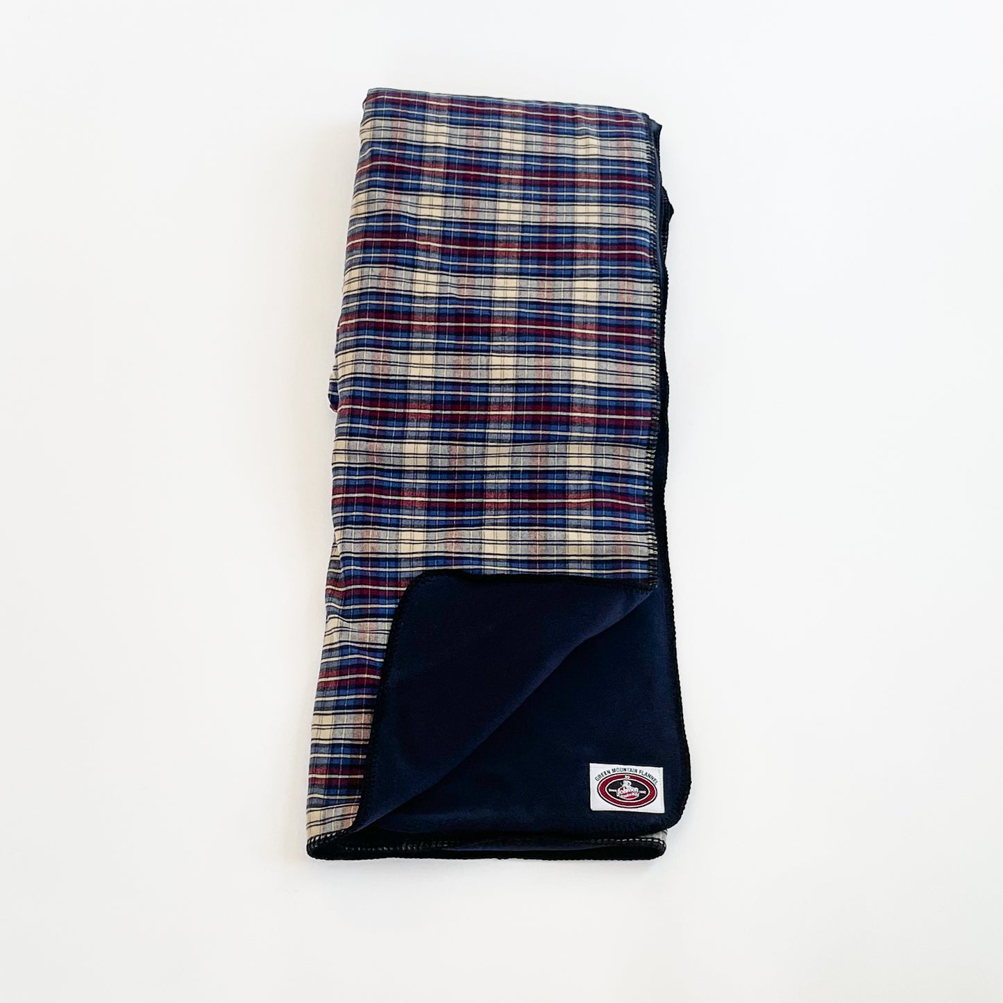 Green Mountain Flannel Throw Blue/Maroon & Tan Plaid stripes with fleece lining open corner view