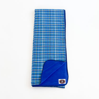 Green Mountain Flannel Throw Blue Sky, light blue/yellow/white stripes with royal blue fleece lining open corner view