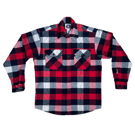 Men's Green Mountain Flannel shirt, red, black, charcoal, white small squares, button front two chest pockets, long tail & button cuffs, buttoned front view