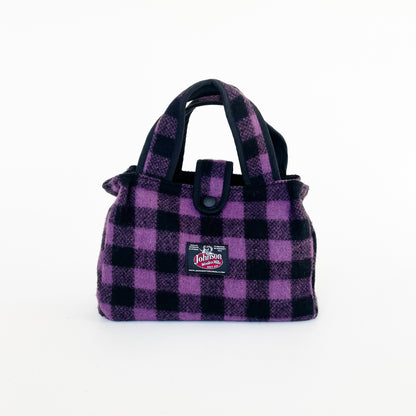 Johnson Woolen Mills Bitty Bag Lavender/Black Buffalo squares front view with two short straps and front snap