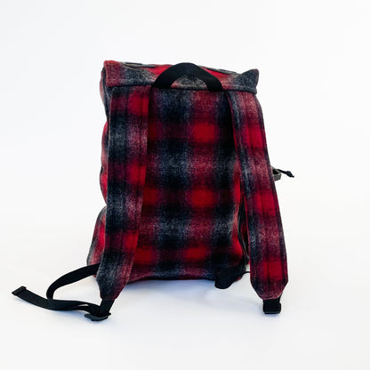 Wool back pack red , black and gray muted plaid, back view