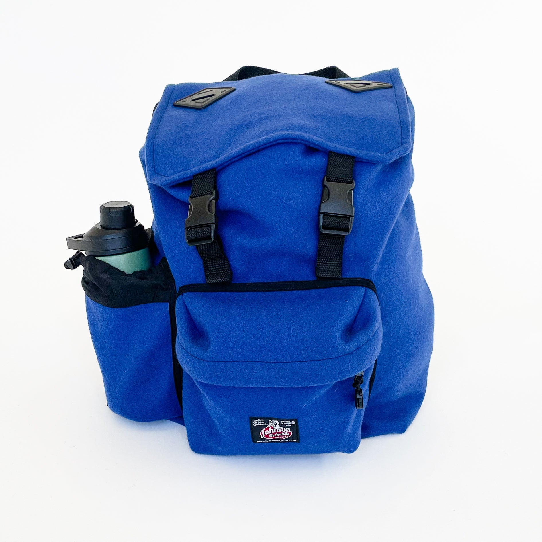 Johnson Woolen Mills Daypack Royal Blue front view with water bottle in side pocket