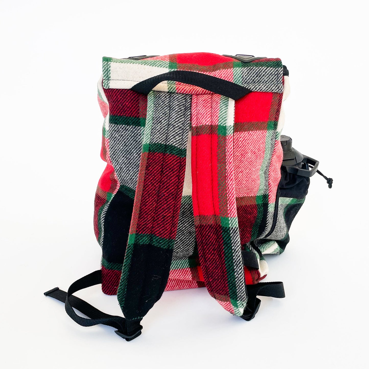 Johnson Woolen Mills Daypack Canadian Plaid Red/Pink/Green/White/ back view with water bottle in side pocket