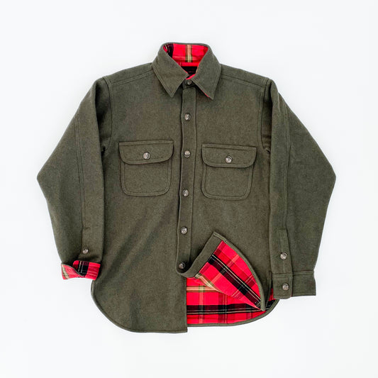Johnson Woolen Mills - flannel-lined wool button down shirt - olive green with red, black and yellow flannel lining