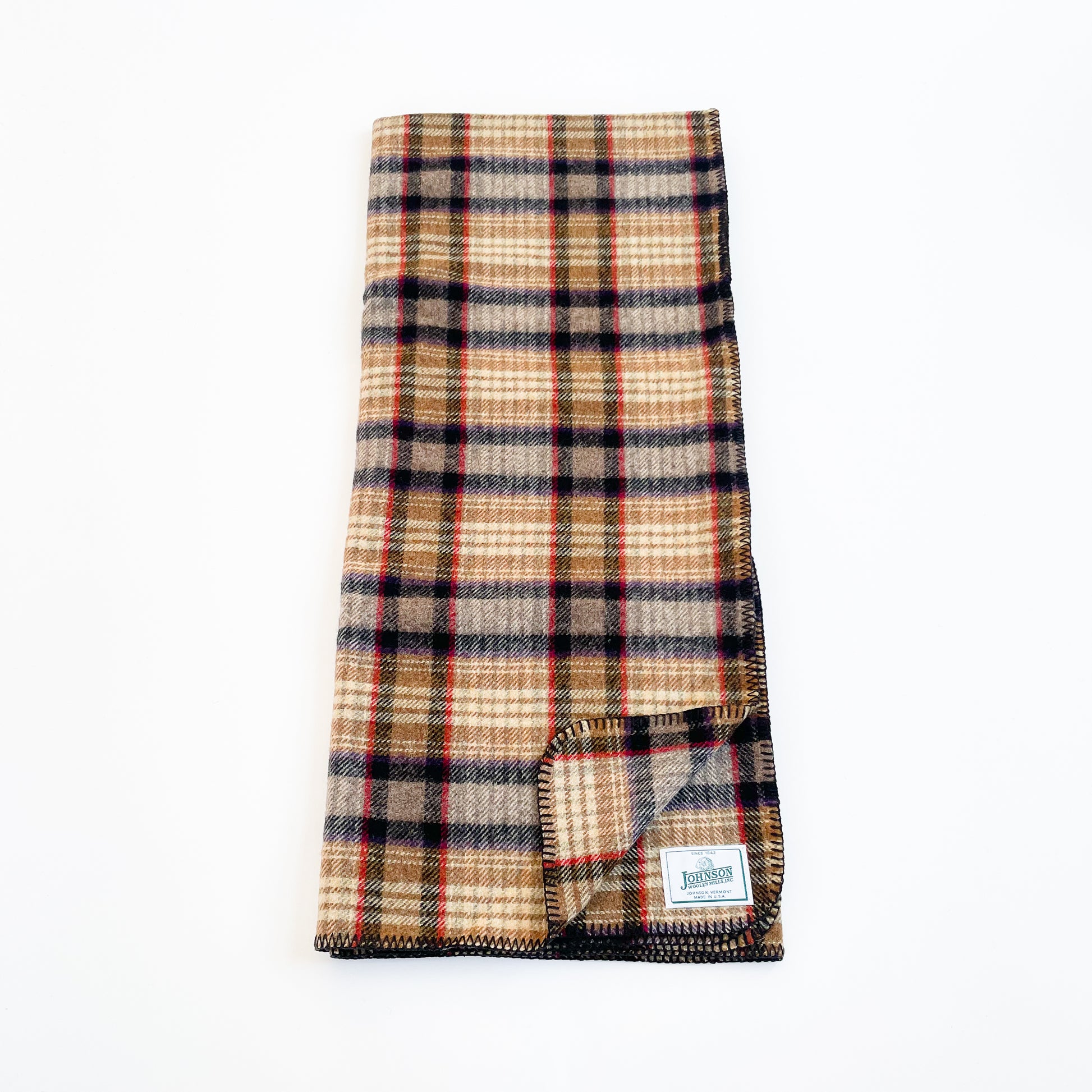 Johnson Woolen Mills throws Gold/Black/Red plaid unfolded front view