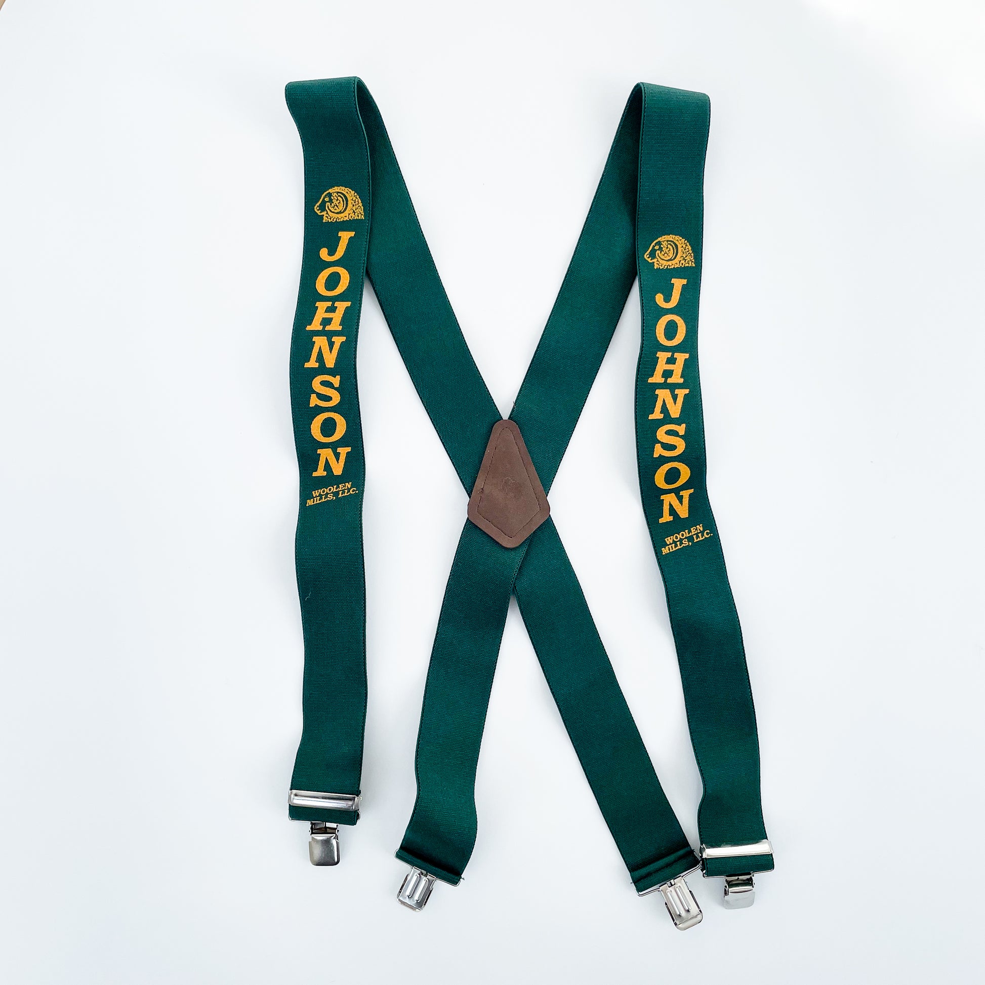 Johnson Woolen Mills green suspenders with metal clasps and gold JWM logo 