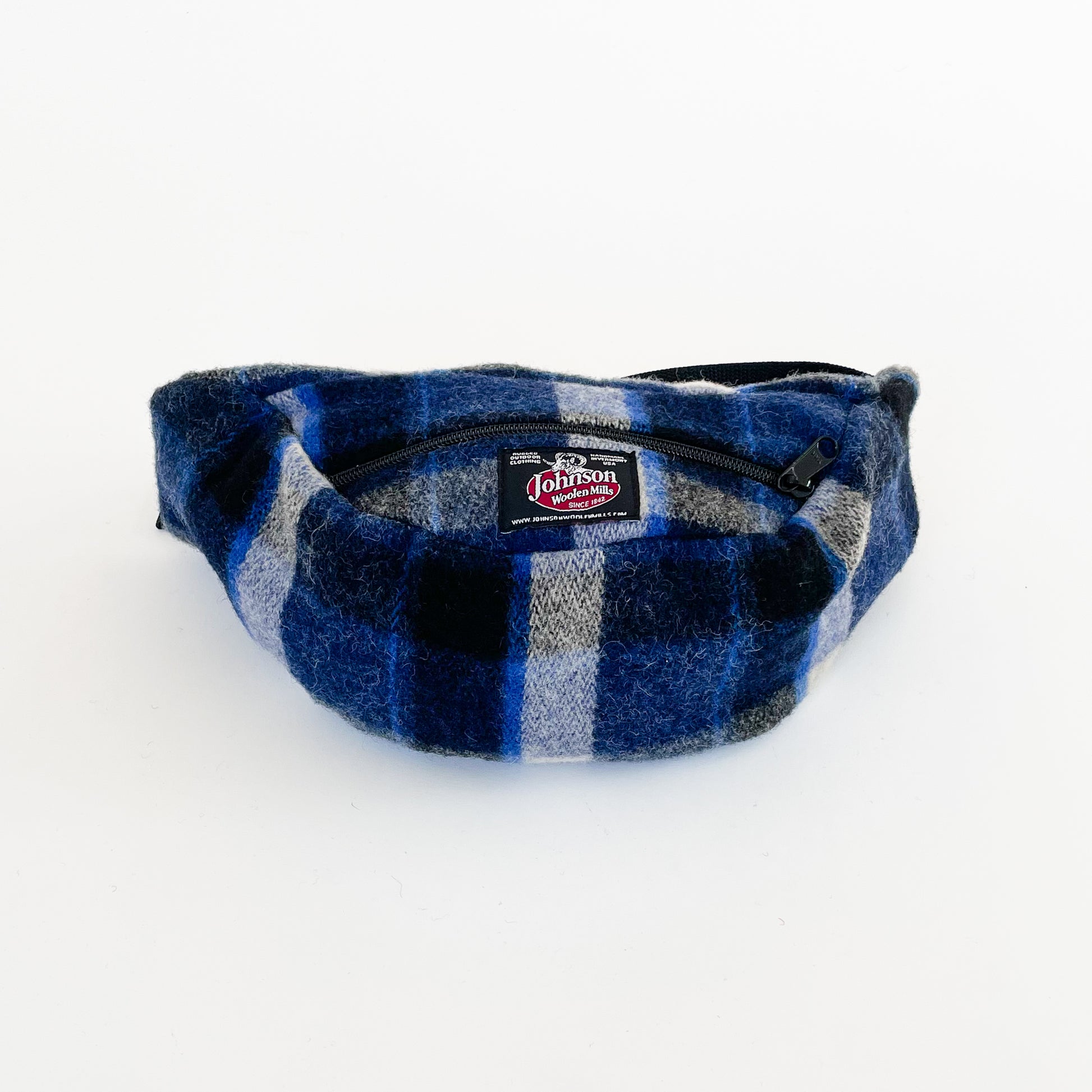 Johnson Woolen Mills Oversized Fanny Pack Blue/Navy/Cream Plaid bottom and front view