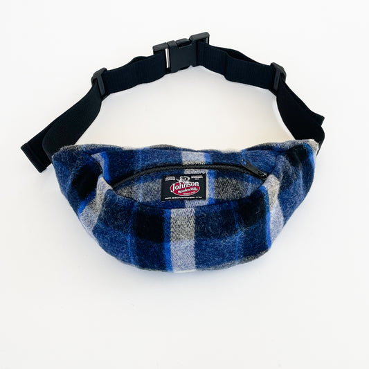 Johnson Woolen Mills Oversized Fanny Pack Blue/Navy/Cream Plaid with nylon waistband front view