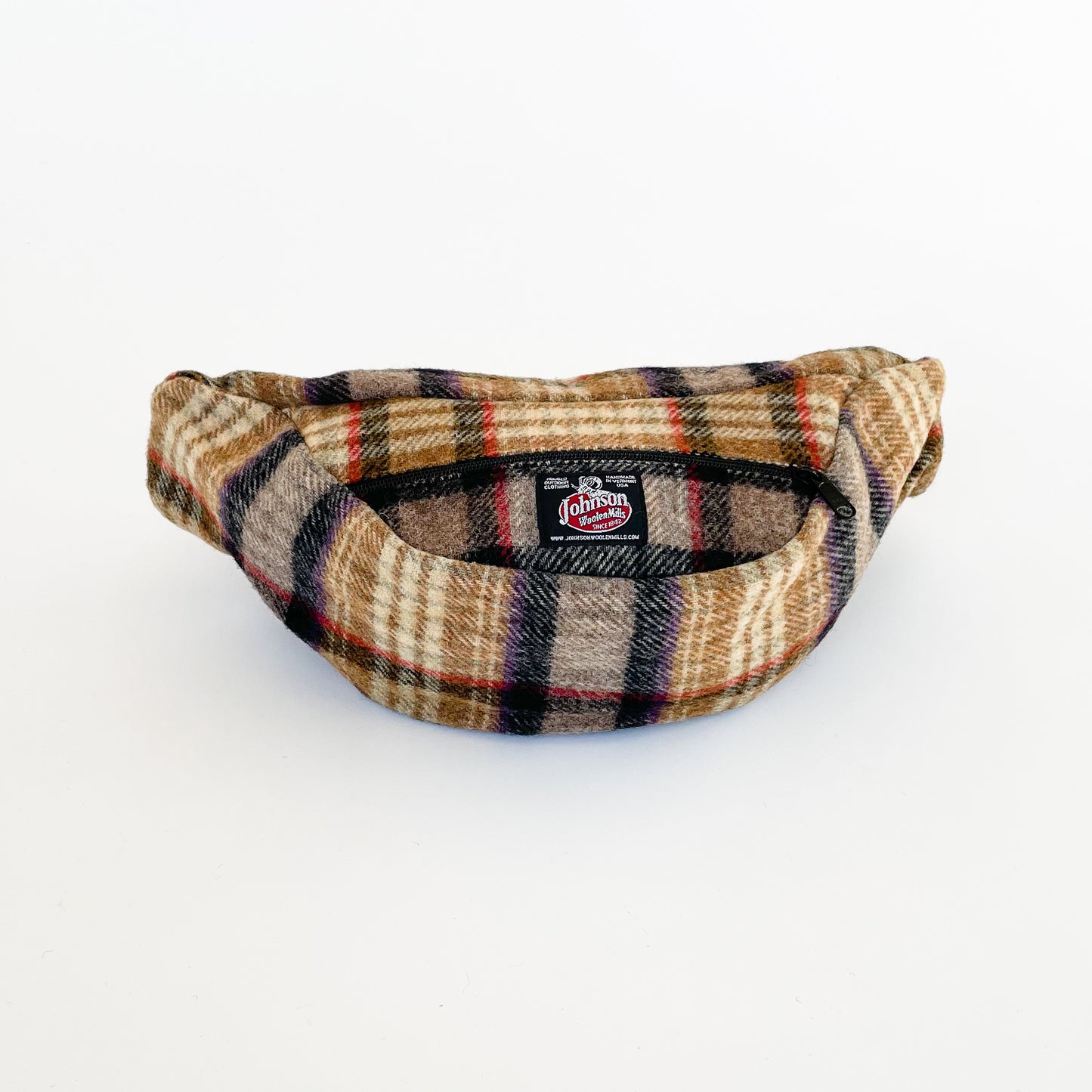 Johnson Woolen Mills Oversized Fanny Pack Gold/Black/Red Plaid bottom and front view