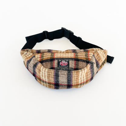 Johnson Woolen Mills Oversized Fanny Pack Blue/Navy/Cream Plaid view with belt