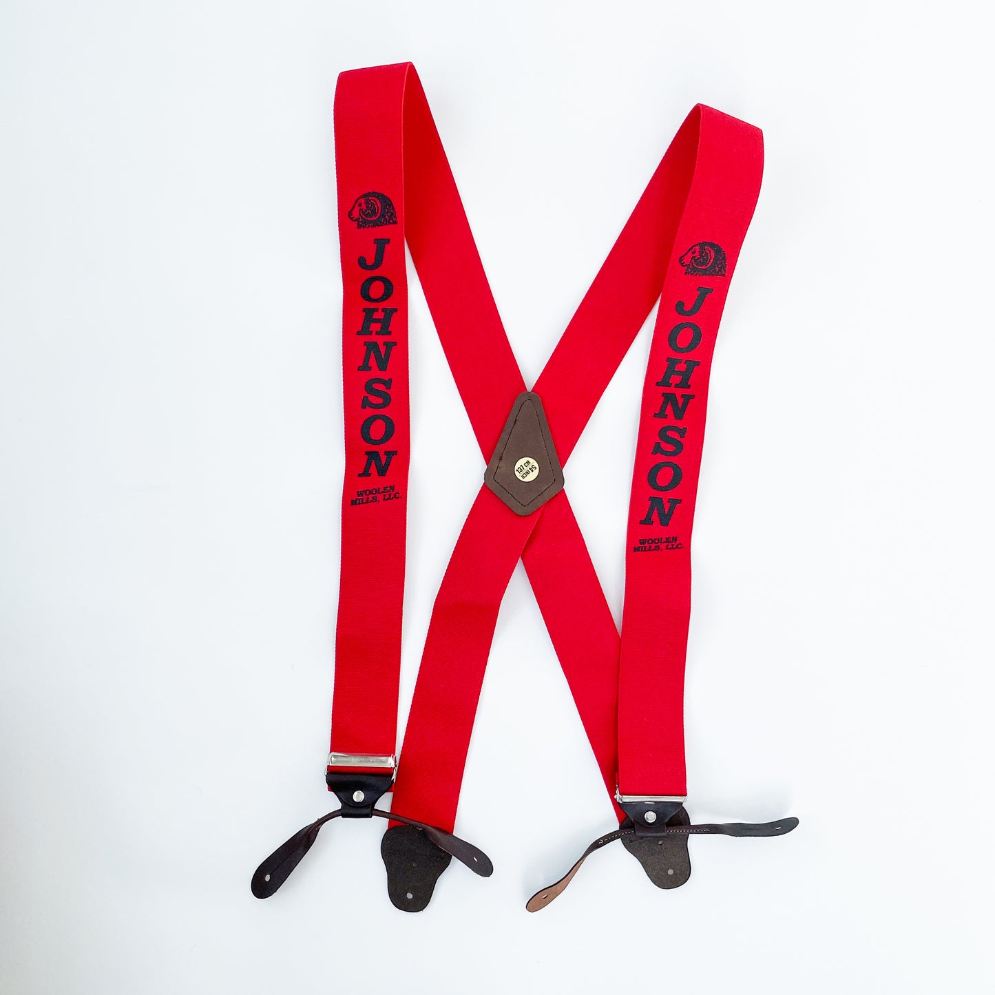 Johnson Woolen Mills red suspenders with black BUTTON clasps and JWM logo 