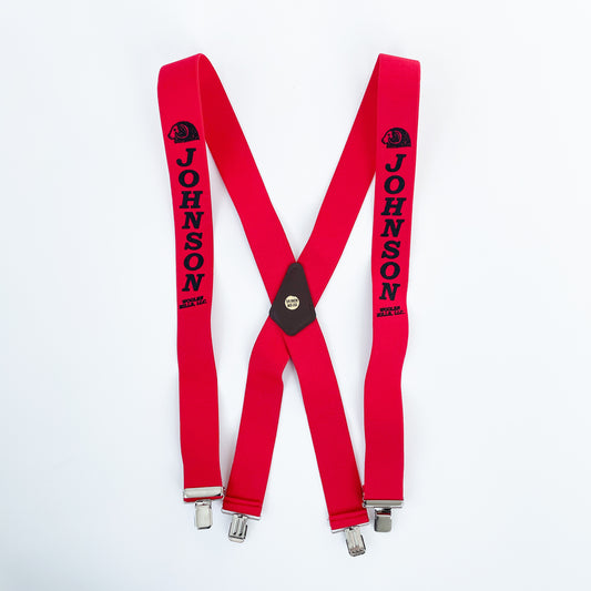 Johnson Woolen Mills red suspenders with metal clasps and black logo 