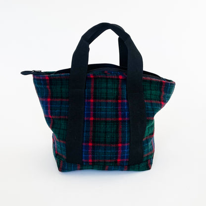 Johnson Woolen Mills Tote Bag Green/Blue with Red strips windowpane front view with strap