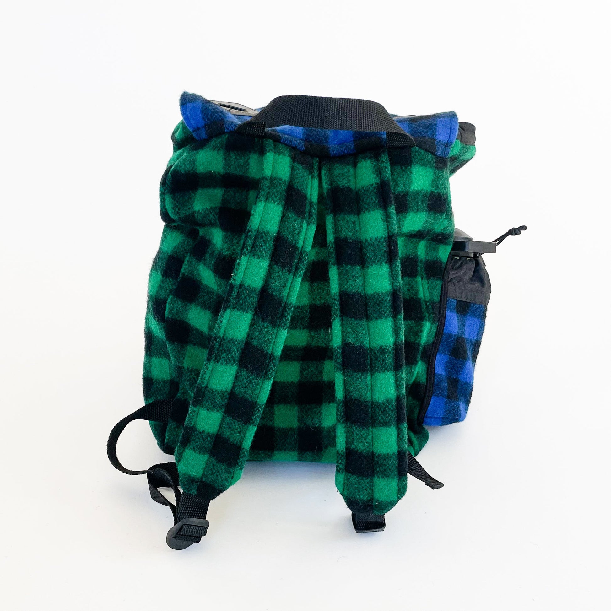 Wool back pack in multi color patchwork - back view