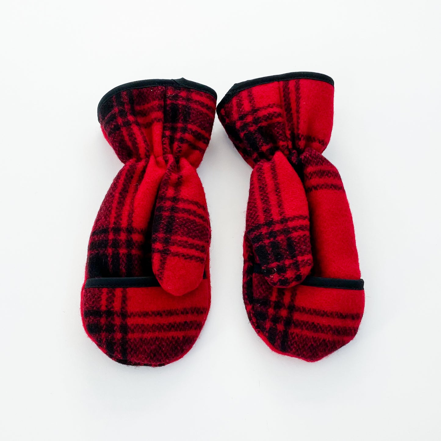 Johnson Woolen Mills mitten - red and black large plaid - with finger flap - back view 