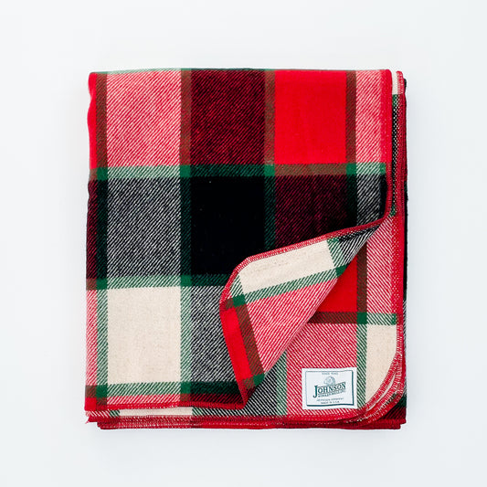 Johnson Woolen Mills Throw, Old Canadian Plaid, Rust/Green/Ivory/Black Plaid, folded view