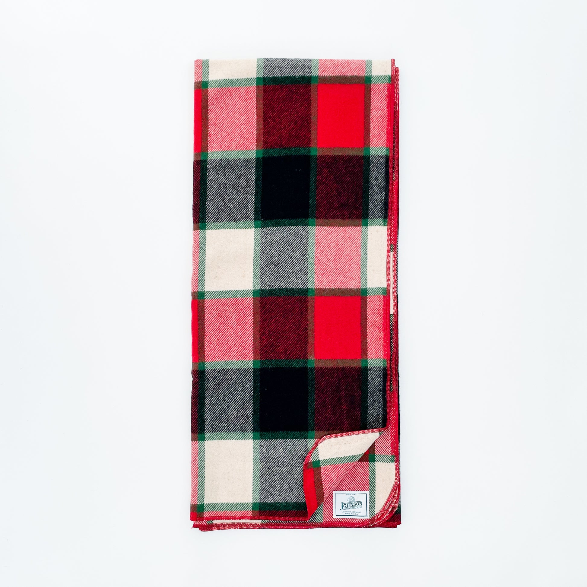 Johnson Woolen Mills Throw, Old Canadian Plaid, Rust/Green/Ivory/Black Plaid, unfolded view